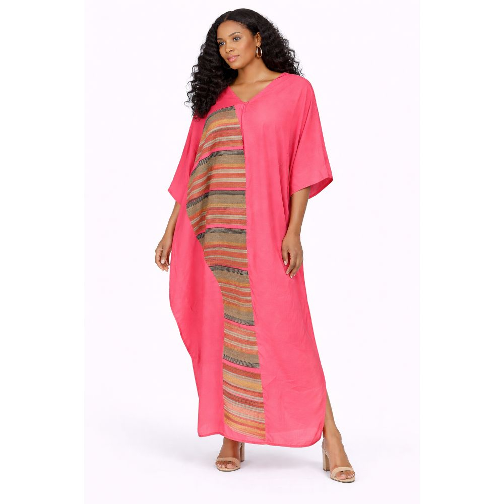 Coral Pink V Neck Kaftan Dress with Striped Patchwork